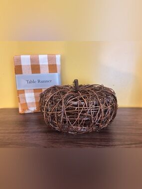 Rustic Woven Twig Pumpkin Spice Decor with NEW Checkered Table Runner